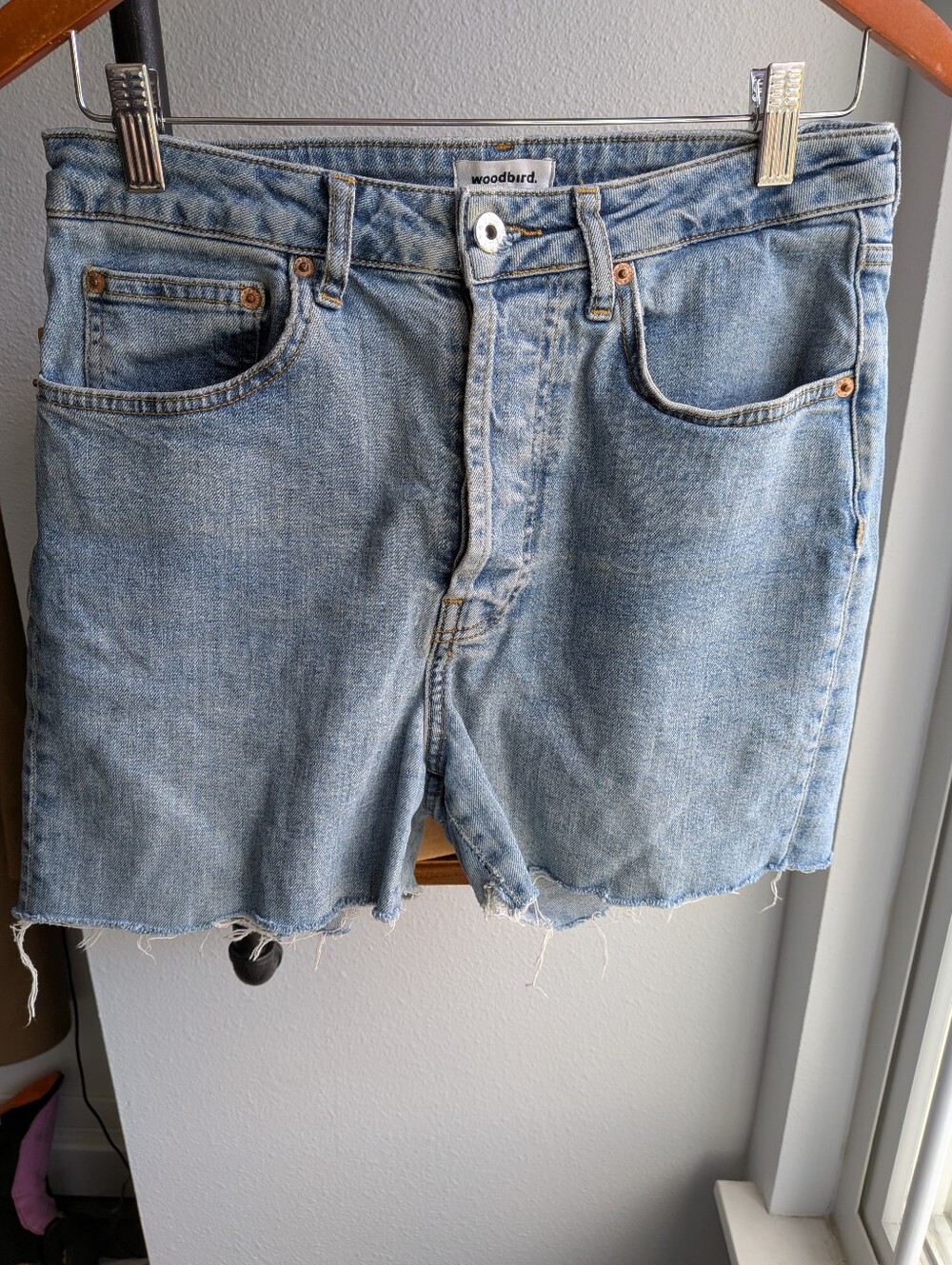 Woodbird Maria Stone Blue Denim Cut Off Shorts Button Fly Raw Hem Size 29
